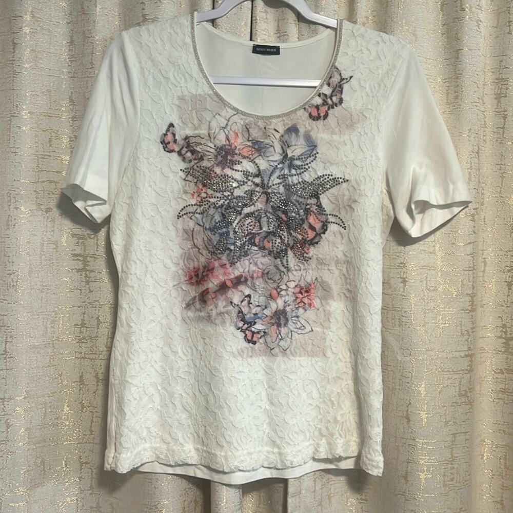 Gerry Weber Lace Front Short Sleeved Shirt White Floral Women's Size 40 (M?)  :)